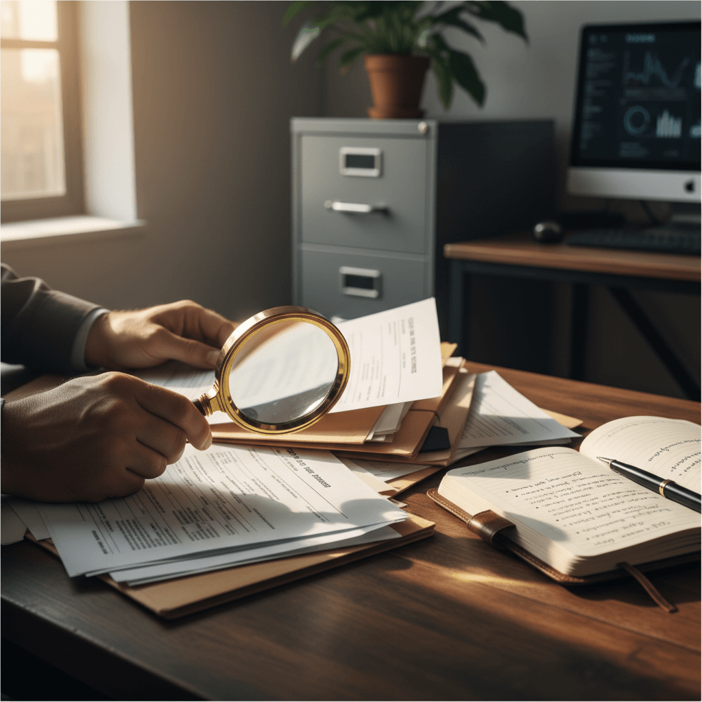 Detective's hands examining case files and documents with magnifying glass on wooden desk under natural light Detective's hands examining case files and documents with magnifying glass on wooden desk under natural light